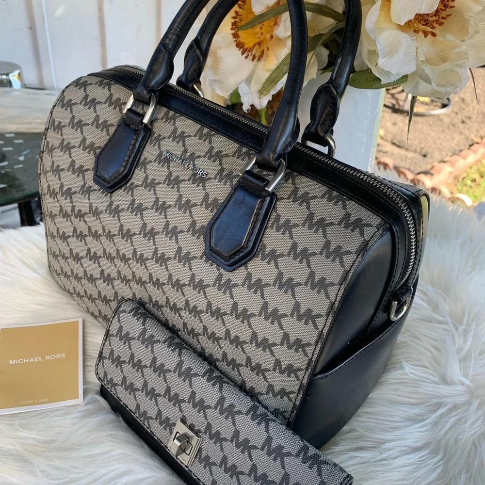 Michael Kors Mercer Monogram Leather Medium Duffle Satchel And Envelop Wallet